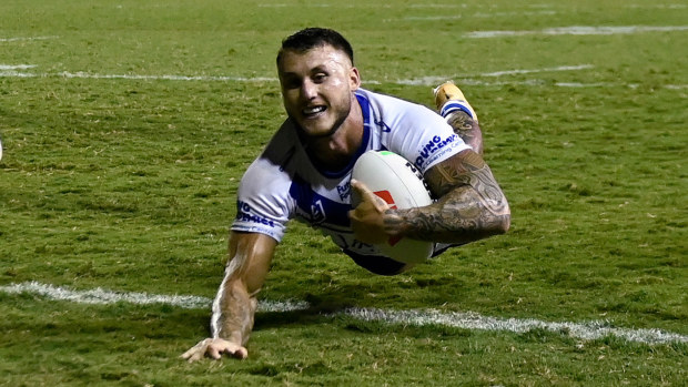 Bronson Xerri scores a try for the Bulldogs in their trial against the Storm.