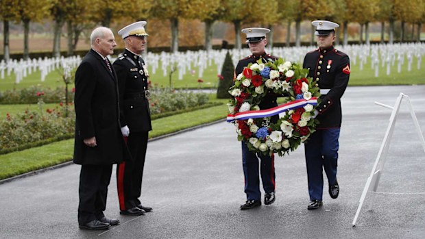 Then-White House chief-of-staff John Kelly, whose son died in combat, at a ceremony at Belleau Wood.