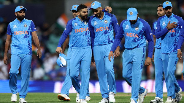 Indian players celebrate after a crushing win over the Netherlands at the T20 World Cup