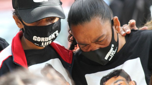 Gordon Copeland's sister Bianca (left) and mother, Narelle, at a rally to express unhappiness over police efforts to find the missing 22-year-old.