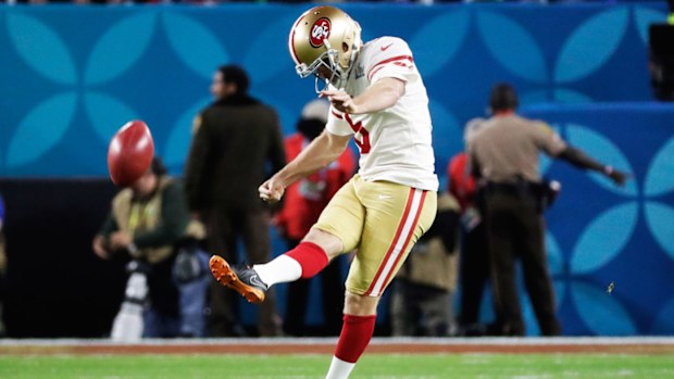 San Francisco 49ers' Mitch Wishnowsky kicks off against the Kansas City Chiefs during the first half of the NFL Super Bowl 54