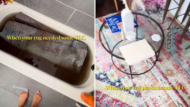 Rug cleaning hack, soaking rug in bath with fabrics softener, laundry detergent and hot water