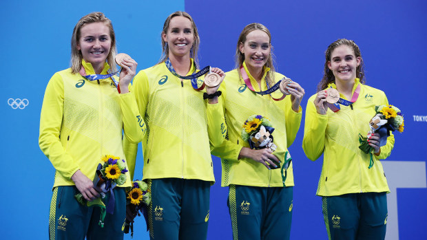 From left: Ariarne Titmus, Emma McKeon, Maddi Wilson and Leah Neale with their bronze medals after the women's 200m freestyle final at Tokyo 2020.