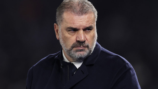 Ange Postecoglou, Manager of Tottenham Hotspur, looks on prior to the Premier League match between Brighton & Hove Albion and Tottenham Hotspur at American Express Community Stadium on December 28, 2023 in Brighton, England. (Photo by Julian Finney/Getty Images)