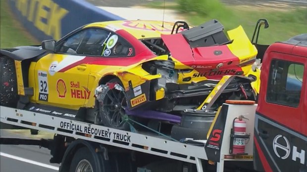 The pole-sitting BMW with Charles Weerts at the wheel was involved in a heavy crash at the Bathurst 12 hour, and was taken back to the pits on the back of a tow truck.