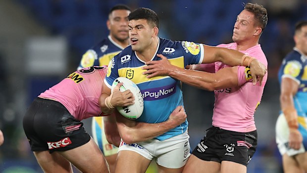  David Fifita of the Titans is tackled during the round 8 NRL match between the Titans and the Panthers