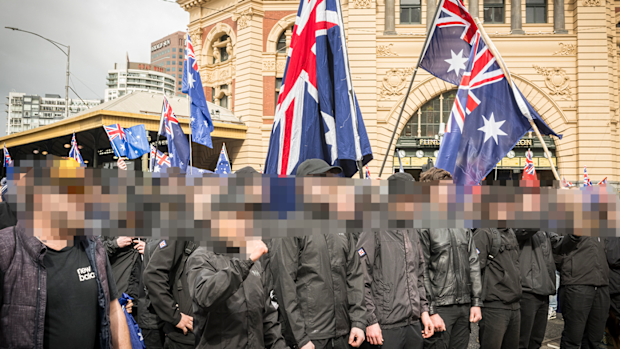 Alleged members of the National Socialist Network during a 'March for Australia' rally in August 2025 in Melbourne.