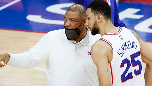 Head coach Doc Rivers of the Philadelphia 76ers with Ben Simmons 