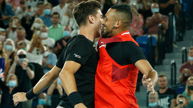  Nick Kyrgios (R) of Australia and Thanasi Kokkinakis of Australia celebrate match point in their Men's Doubles Final match