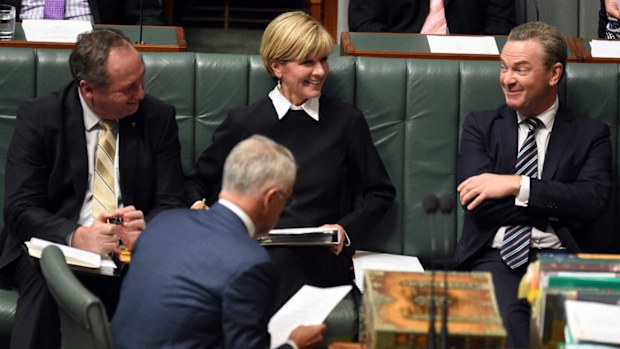 Barnaby Joyce, Malcolm Turnbull, Julie Bishop and Christopher Pyne in a previous sitting. (AAP)