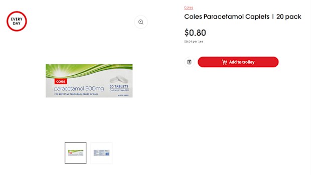 Coles brand paracetamol 20 pack retails for $0.80 at Coles.