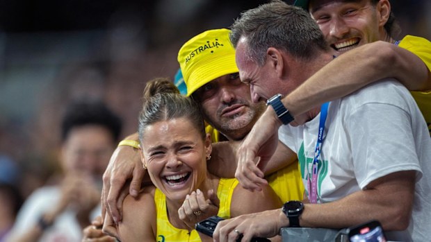 Nina Kennedy and her team are overcome by emotion as the Australian clinches Olympic gold.