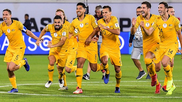 Socceroos celebrate victory against Uzbekistan in 2019 Asian Cup