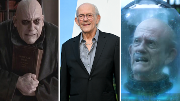 Christopher Lloyd as Uncle Fester in The Addams Family (1991) and in Wednesday on Netflix 2025. 
