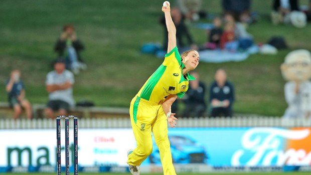 Tayla Vlaeminck of Australia bowls during game one of the International T20 series against New Zealand 