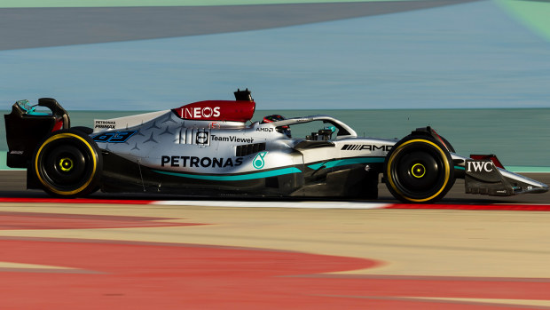 George Russell in the radical new Mercedes during pre-season testing in Bahrain.