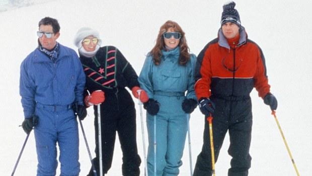  Prince Charles, Princess Diana, The Duchess of York Sarah Ferguson and The Duke of York Prince Andrew posing for photographers on their skiing holiday at the Swiss resort of Klosters. Wednesday 17th February 1987.