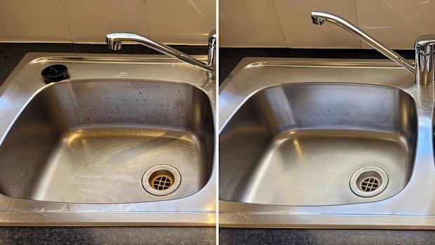 Kitchen sink before and after polish clean