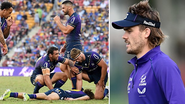 Ryan Papenhuyzen of the Storm is seen on the ground after being knocked out during the round 10 NRL match between the Melbourne Storm and the St George Illawarra Dragons 