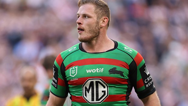 Tom Burgess leaves the field after being sin-binned during Souths' win over the Roosters.
