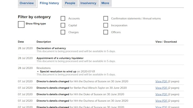 Screen shot from Companies House Sussex Royal Foundation filings