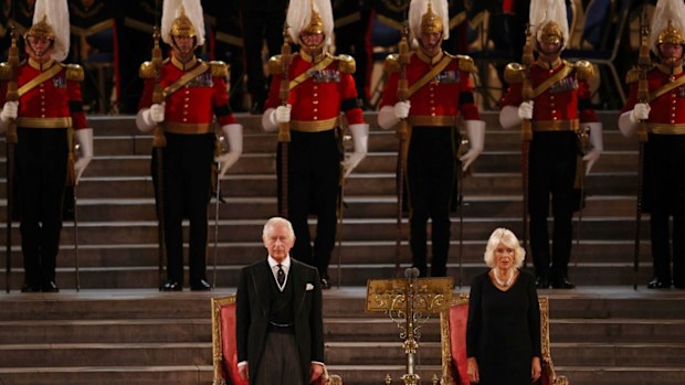 King Charles III and Camilla, the Queen Consort stand in front of thrones at Westminster Hall. (Dan Kitwood/Pool Photo via AP)