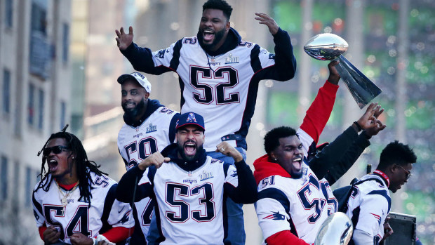 Defensive players Dont'a Hightower (54), Albert McClellan (59) ,Elandon Roberts (52) , Kyle Van Noy (53) and Ja'Whaun Bentley (51) of the New England Patriots celebrate during the team's victory parade after winning Super Bowl LIII 