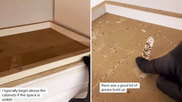 A greasy kitchen cabinet top is transformed