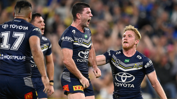 Chad Townsend celebrates after kicking a field goal during the round 16 NRL match between the North Queensland Cowboys and the Penrith Panthers.