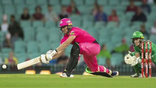 Moises Henriques of the Sixers bats during the Big Bash League (BBL) cricket Final between the Sydney Sixers and Melbourne Stars at the SCG in Sydney, Saturday, February 8, 2020. 