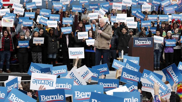 Bernie Sanders speaking to a crowd braving the cold in Salt Lake City, Utah.