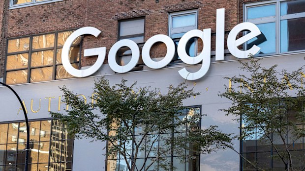 Google company logo on one of its offices in New York