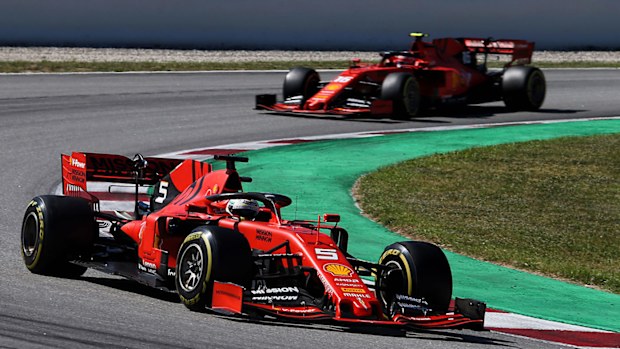 Sebastian  Vettel leads Charles Leclerc during the Spanish Grand Prix.