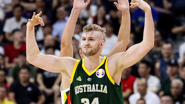 Jock Landale of Australia celebrates a point during the 2019 FIBA World Cup,