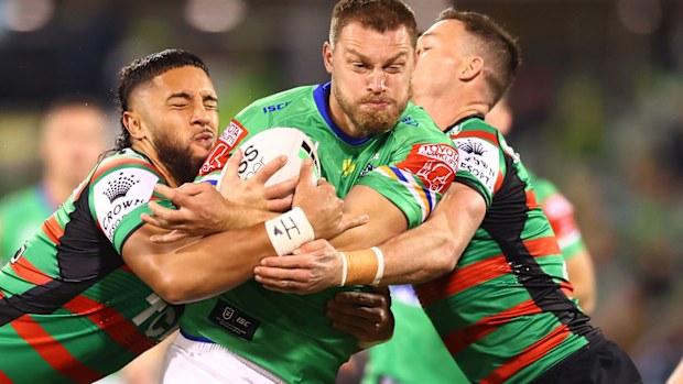 The Raiders and Rabbitohs lock horns in a chaotic clash. (Getty)