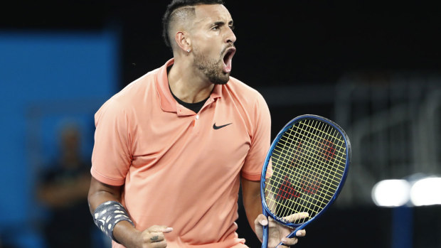 Nick Kyrgios of Australia reacts during his Men's Singles third round match against Karen Khachanov of Russia on day six of the 2020 Australian Open at Melbourne Park on January 25, 2020 