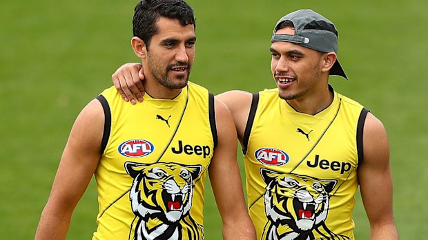 Marlion Pickett of the Tigers (L) and Sydney Stack at training