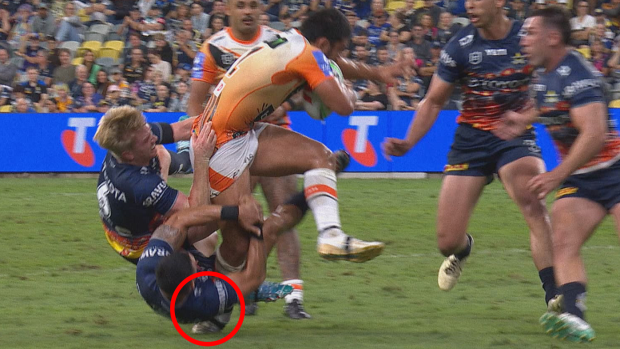 Val Holmes was sent to the sin bin for this 'hip drop' on Isaiah Papali'i