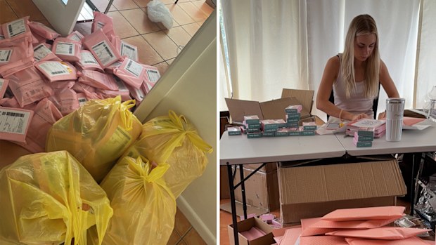 Maddy packs orders by hand in Candy Claws' early days.