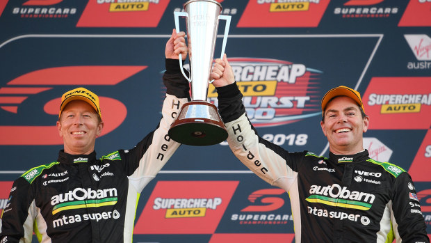 Steven Richards and Craig Lowndes after winning the 2018 Bathurst 1000.