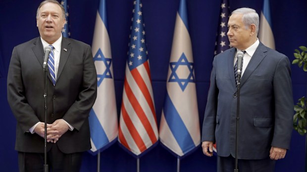 U.S. Secretary of State Mike Pompeo, left, and Israeli Prime Minister, Benjamin Netanyahu, stand during statements to the press