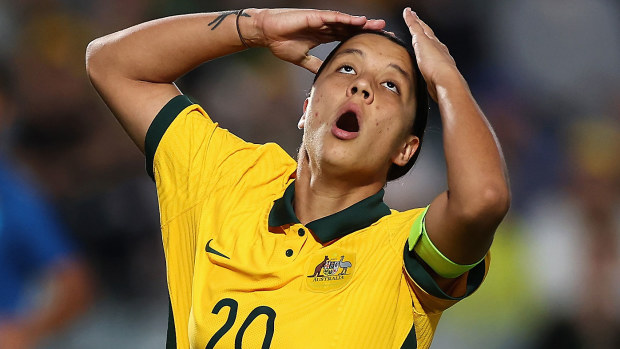 GOSFORD, AUSTRALIA - NOVEMBER 15: Sam Kerr of the Matildas reacts during the International Friendly match between the Australia Matildas and Thailand at Central Coast Stadium on November 15, 2022 in Gosford, Australia. (Photo by Cameron Spencer/Getty Images)