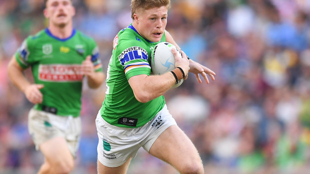Zac Woolford with the ball during Canberra's win over Cronulla.