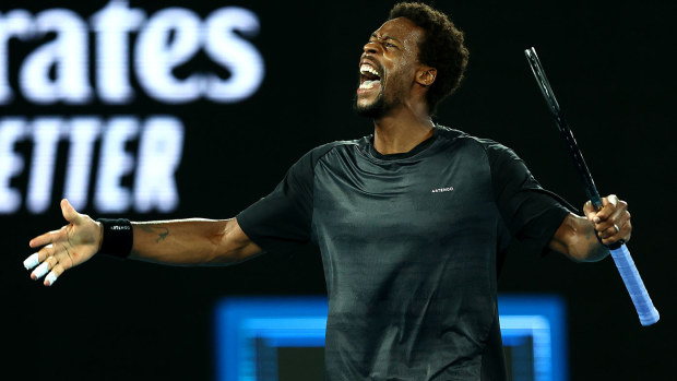 Gael Monfils of France celebrates in his Men's Singles Quarterfinals match against Matteo Berrettini of Italy during day nine of the 2022 Australian Open