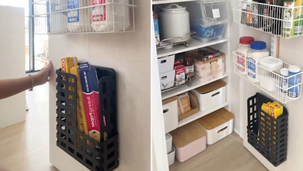 Dina Santos transformed Kmart's 3 piece desk set into storage for foil and cling wrap, storage hack