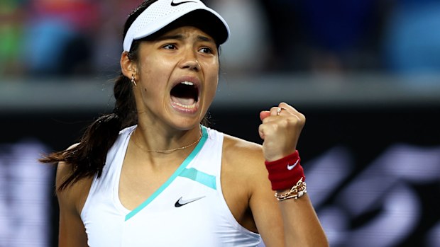 Emma Raducanu of Great Britain celebrates winning a point in her first round singles match against Sloane Stephens