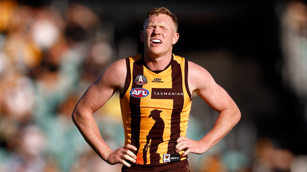 James Sicily grimaces during the 2023 AFL  match between the Hawthorn Hawks and the Adelaide Crows.