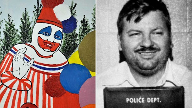 A self-portrait of John Wayne Gacy alongside his mugshot.