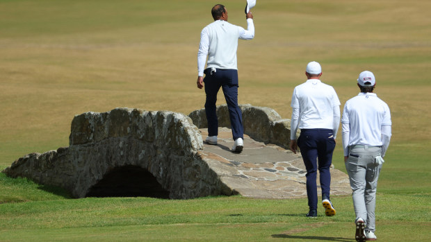 Tiger Woods crosses the Swilcan Bridge during the second round of the Open Championship in July.