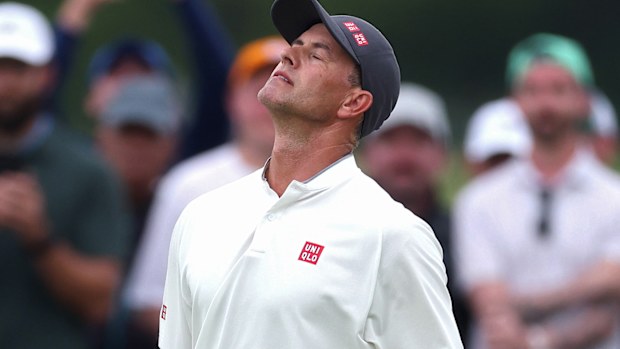 Adam Scott of Australia reacts to his bogie putt on the 14th green during the final round of the 125th U.S. OPEN at Oakmont Country Club on June 15, 2025 in Oakmont, Pennsylvania. (Photo by Andy Lyons/Getty Images)